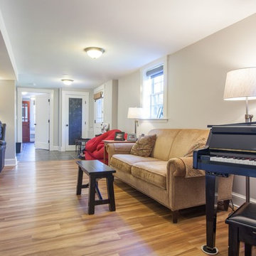 Finished Basement Living Room with Piano and Seating Area – Manchester MA