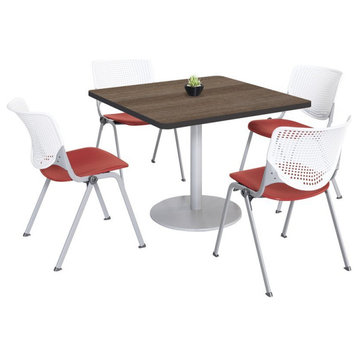 KFI 36" Square Dining Table - Teak Top - Kool Chairs - White/Coral