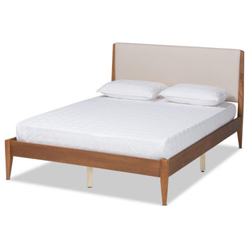 Amara Mid-Century Modern Fabric Upholstered Platform Bed, Full, Beige