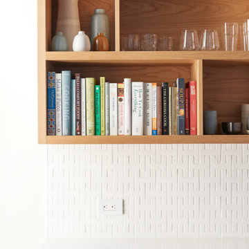 Interlocking White Kitchen Tiles Backplash with Open Shelving