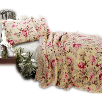 Lelia Pink Floral Print 100%Cotton 3-Piece Quilt Set, Full/Queen Set