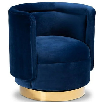 Contemporary Accent Chair, Swiveling Golden Base With Velvet Seat and Round Back