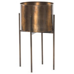 Four Hands - Jed Planter-Weathered Brass - Slim legs of dark brass-finished iron support an inset planter of rounded weathered brass iron. Plastic plant liner recommended (not included). Cover or store indoors during inclement weather and when not in use.