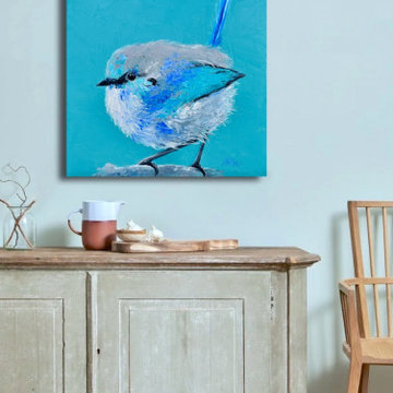 Blue Fairy Wren Bird Art on Turquoise