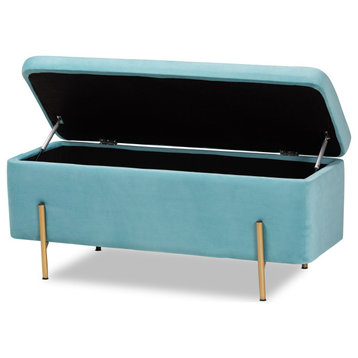 Rockwell Sky Blue Velvet Fabric Upholstered and Gold Finish Metal Storage Bench