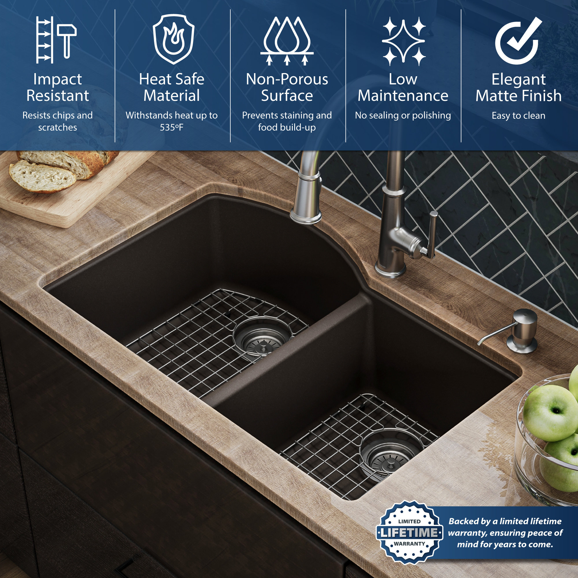 Karran Undermount Quartz 32" 60/40 Double Bowl Kitchen Sink Kit, Brown