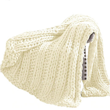 Benzara BM204282 Dreux Acrylic Cable Knitted Chunky Throw The Urban Port, Cream