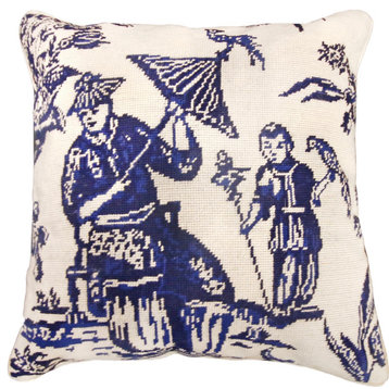 Pillow Throw Boy With Bird 18x18 Blue Needlepoint Canvas Cotton