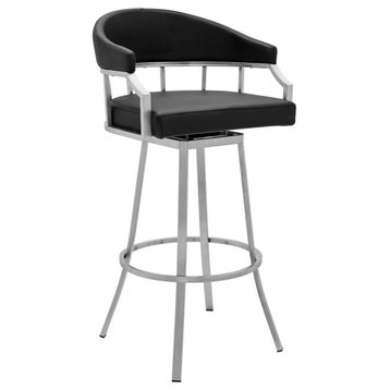 Valerie Swivel Faux Leather Bar and Counter Stool, Brushed Stainless Steel Finishing/Black, Bar Height