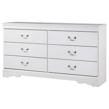 Cottage Double Dresser, 6 Storage Drawers With Pull Metal Handles, White Finish