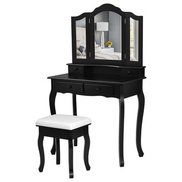 Spacious Vanity Set, Comfortable Stool & Table With Tri Folding Mirror, Black