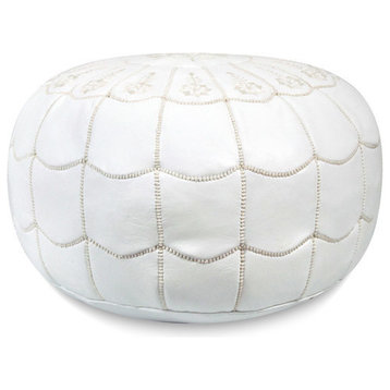 Moroccan Leather Stuffed Pouf, White