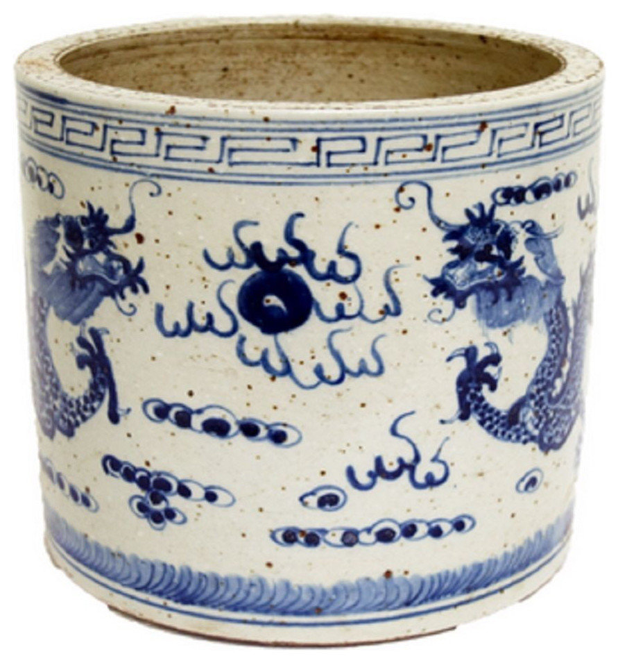 Blue and White Porcelain Dragon Motif Flower Pot 8" Asian Indoor