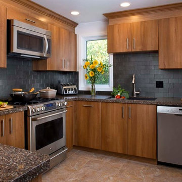Contemporary kitchen with grey subway tiles
