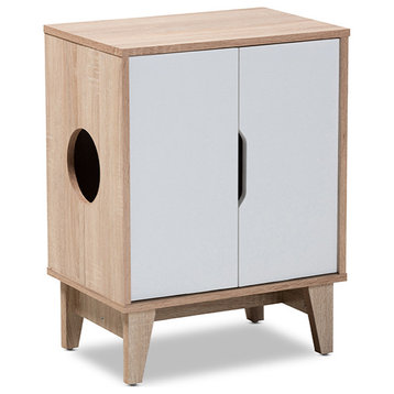 Romy Mid-Century Modern Two-Tone Oak and White 2-Door Cat Litter Box Cover House