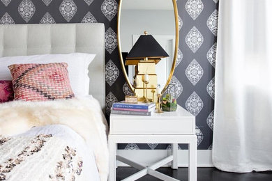 Inspiration for a transitional master bedroom remodel in Chicago with purple walls