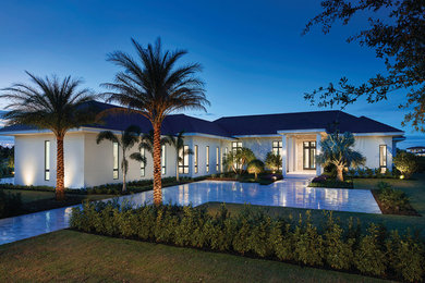 Large contemporary white one-story concrete exterior home idea in Other