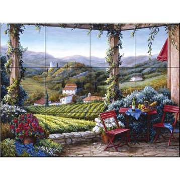 Tile Mural, Red Chairs On The Terrace by Barbara Felisky