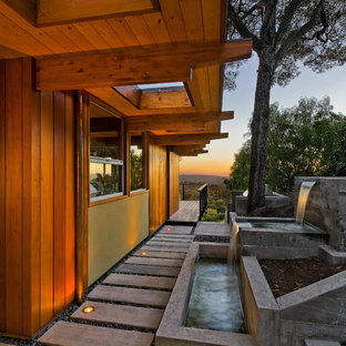 Exemple d'un jardin latéral tendance avec un point d'eau et des pavés en béton.