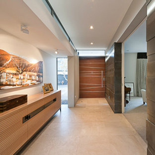 Inspiration för en eklektisk entré, med vita väggar, travertin golv, en pivotdörr och mellanmörk trädörr