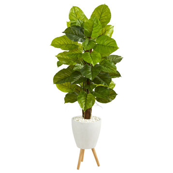 60" Large Leaf Philodendron Faux Plant, White Planter With Stand, Real Touch