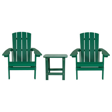 All-Weather Poly Resin Wood Adirondack Chairs With Side Table, Set of 2, Green