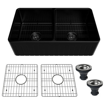 33in Double Bowl Fireclay Farmhouse Apron Kitchen Sink with Striped Design, Matte Black