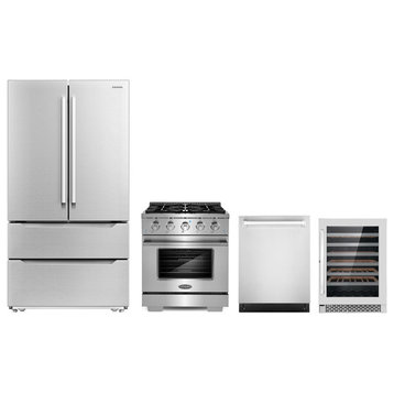 4 Piece, 30" Gas Range 24" Dishwasher & Refrigerator & Wine Refrigerator