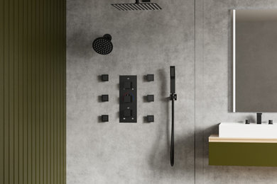 Diseño de cuarto de baño principal minimalista de tamaño medio con ducha doble