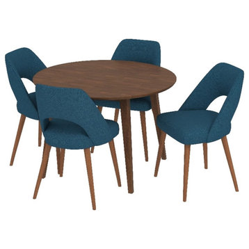 Harris 5-Piece Mid-Century Modern Dining Set with 4 Fabric Dining Chairs in Blue