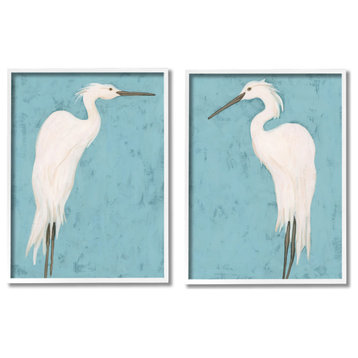 Nautical Heron Casual Coastal Bird Distressed Blue Painting, 2pc, each 24 x  30