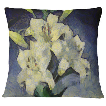 White Lilies On Blue Watercolor Floral Throw Pillow, 16"x16"