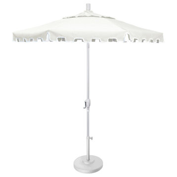 9' Matte White Greek Key Patio Umbrella, Push Button Tilt and Tassels, Natural