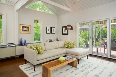 Inspiration for a coastal medium tone wood floor living room remodel in Miami with white walls