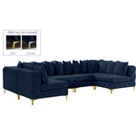 Meridian Furniture - Tremblay Velvet Upholstered 6-Piece Modular U-Shaped Sectional, Navy - Lean back and relax on this Tremblay sectional. Featuring soft navy velvet upholstery with deep button tufting, this sectional adds a bold touch to any living space. A complete set of gold and chrome legs are included, so you can change it up to suit your home decor. This sectional is modular, so you can create infinite configurations with it, which are easily attached using the latch underneath the frame. Its contemporary design is perfect for the modern home.
