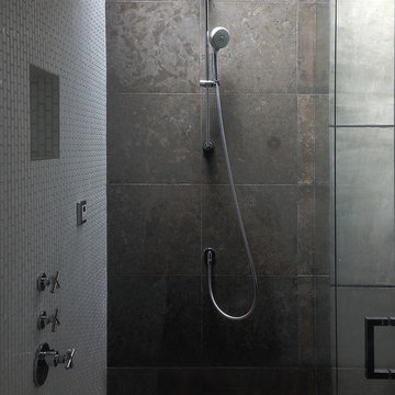 contemporary steam shower with wood slats