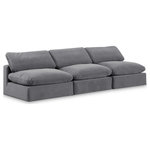 Meridian Furniture - Comfy Upholstered Modular Sofa, Grey, 3-Piece: 3 Armless Chair, Velvet - Give your space a whole new look with this grey Comfy velvet sofa. This handsome sofa fits nicely with other items in the Comfy collection and is a versatile seating option designed for adaptability, comfort and style. Wrapped in rich grey durable velvet upholstery, this sofa offers a plush embrace of overstuffed down feather cushions, carefully crafted to deliver the highest level of comfort. The perfect seat for creating an oasis for relaxation, this sofa has thick foam surrounding its frame for added support and coziness.