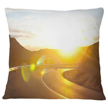 Yellow Road Under Sunset Landscape Printed Throw Pillow, 16"x16"