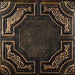 Decorative Ceiling Tiles - Evergreen, Styrofoam Ceiling Tile, 20x20, # R28c, Black Gold - Graceful curved boughs of stylized evergreen branches surround a grassy field of raised flecks on this Evergreen ceiling tile. Each bough is tied at the center with a decorative fleur-de-lis and surrounded by an impeccably carved curved border. Reminiscent of the French countryside in summer, the Evergreen tile is perfect for the most formal areas as well as the most casual. Any room would be proud to be decorated with these tiles, including restaurants, country inns, and kitchens. Pause a moment to remember the sweet smell of sun-kissed summer fields and cool pine forests, and you'll know the sensation you'll feel in a room decorated with Evergreen ceiling tiles.