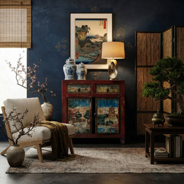 Chinese Distressed Red Blue Old Scenery Graphic Credenza Cabinet cs7393