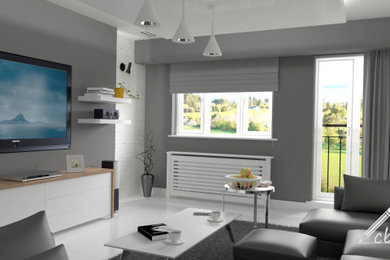 Inspiration for a medium sized contemporary formal enclosed living room in Other with grey walls, laminate floors, no fireplace, white floors and brick walls.
