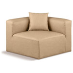 Meridian Furniture - Cube Upholstered Modular Component, Tan, Vegan Leather, Corner Chair - Elevate your space with the luxurious Cube Vegan Leather Corner Chair. This corner chair exudes modern elegance, charm, and comfort making it a perfect addition to any contemporary living space. Its clean lines and cube shape are reminiscent of minimalist design, while the plush tan vegan leather upholstery adds a touch of luxury and sophistication. The chair's versatile construction and geometric aesthetic seamlessly integrate into various design styles, from sleek living rooms to chic home offices, embodying the essence of modern design and creating a sense of order and tranquility in your space.