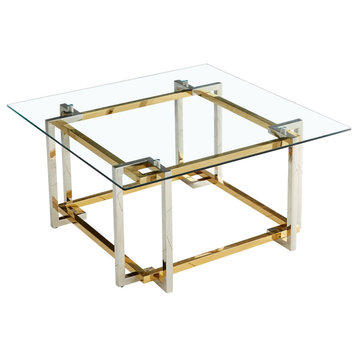 Contemporary Square Glass and Metal Coffee Table, Silver/Gold