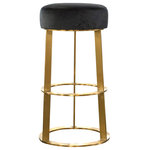 StyleCraft - Ainsley Bar Stool Black Velvet Fabric With Brushed Gold Metal Base - Harp and Finial's Ainsley Bar Stool is a sleek, luxe option for home and business interiors. With a cushion upholstered in black velvet fabric and a brushed gold metal base, this elegant stool is a study in sophistication. Place these bar stools along the counter in the kitchen or at the wet bar in the home to update your decor.