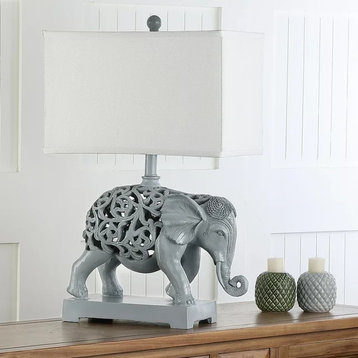 Set of 2 Unique Table Lamp, Light Grey Elephant Sculpture Body With Fabric Shade