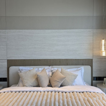 Neutral Bedroom with Stone and Timber Headboard Wall