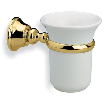 Wall Mounted White Ceramic Toothbrush Holder With Brass Mounting, Gold