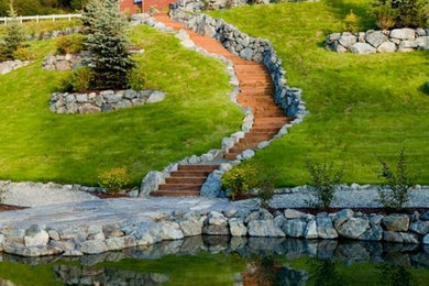 Inspiration for a large transitional backyard full sun garden in Other with with pond.