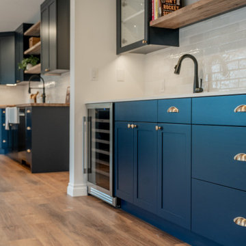 Modern Navy Wet Bar with Polished Brass Hardware and Wine Fridge