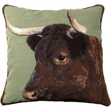 Throw Pillow Needlepoint Milking Devon Cow 20x20 Brown Black Sage